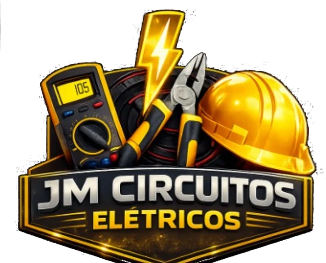Logo da JM Circuitos Elétricos: multímetro, raio, alicate e capacete sobre o nome da empresa